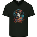 Geisha Girl With Flowers Fantasy Mens V-Neck Cotton T-Shirt Black
