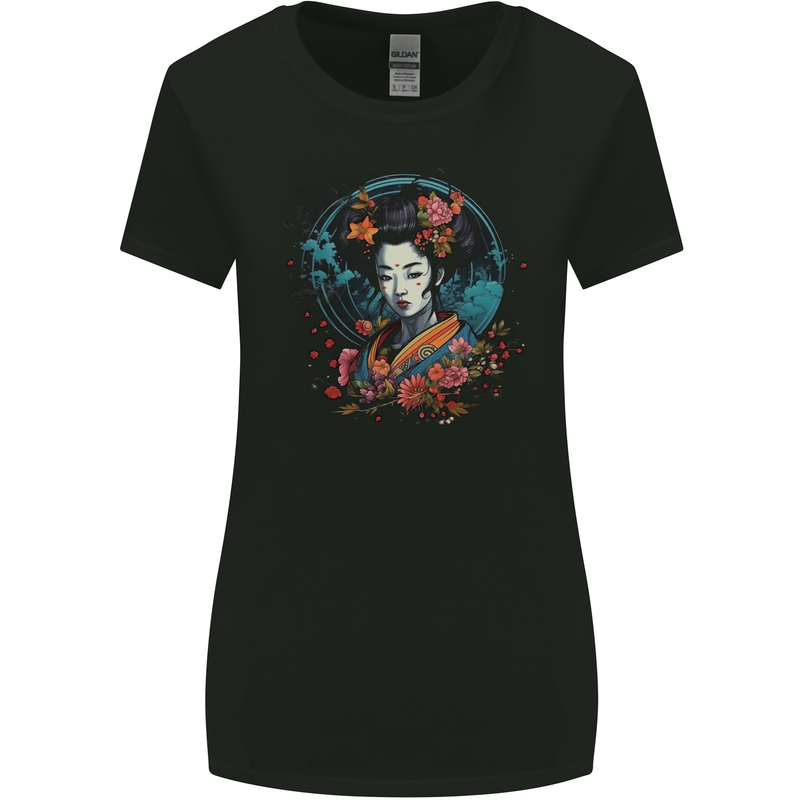 Geisha Girl With Flowers Fantasy Womens Wider Cut T-Shirt Black