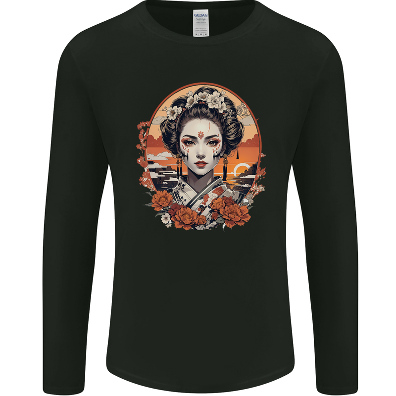 Geisha Girl With Flowers Mens Long Sleeve T-Shirt Black