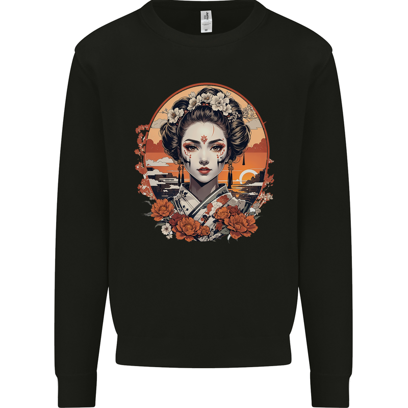 Geisha Girl With Flowers Mens Sweatshirt Jumper Black