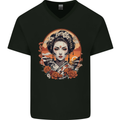 Geisha Girl With Flowers Mens V-Neck Cotton T-Shirt Black