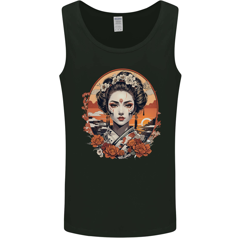 Geisha Girl With Flowers Mens Vest Tank Top Black