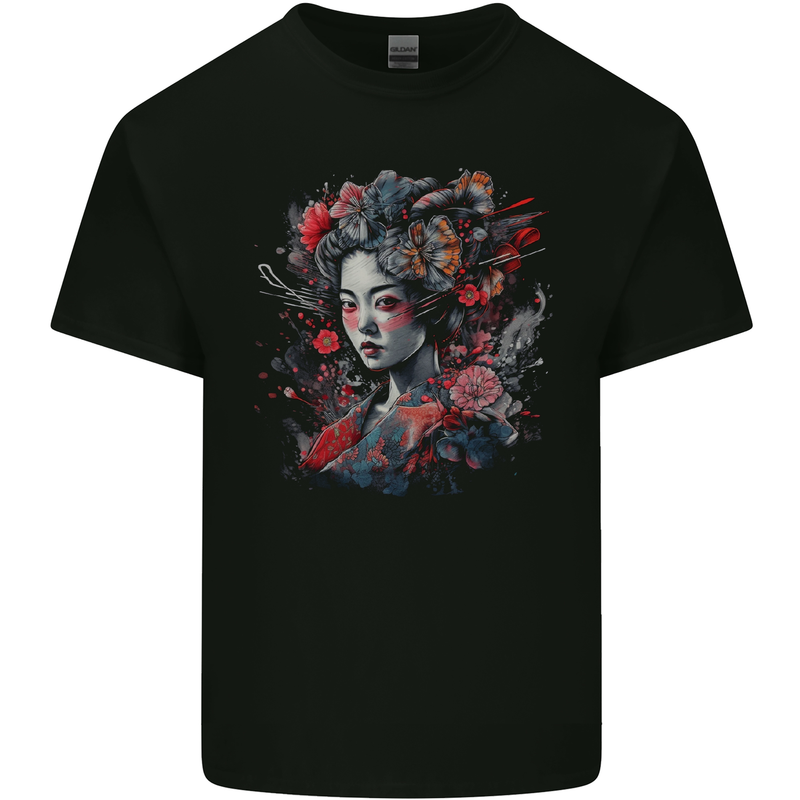 Geisha Girl With Flowers & Butterflies Fantasy Kids T-Shirt Childrens Black