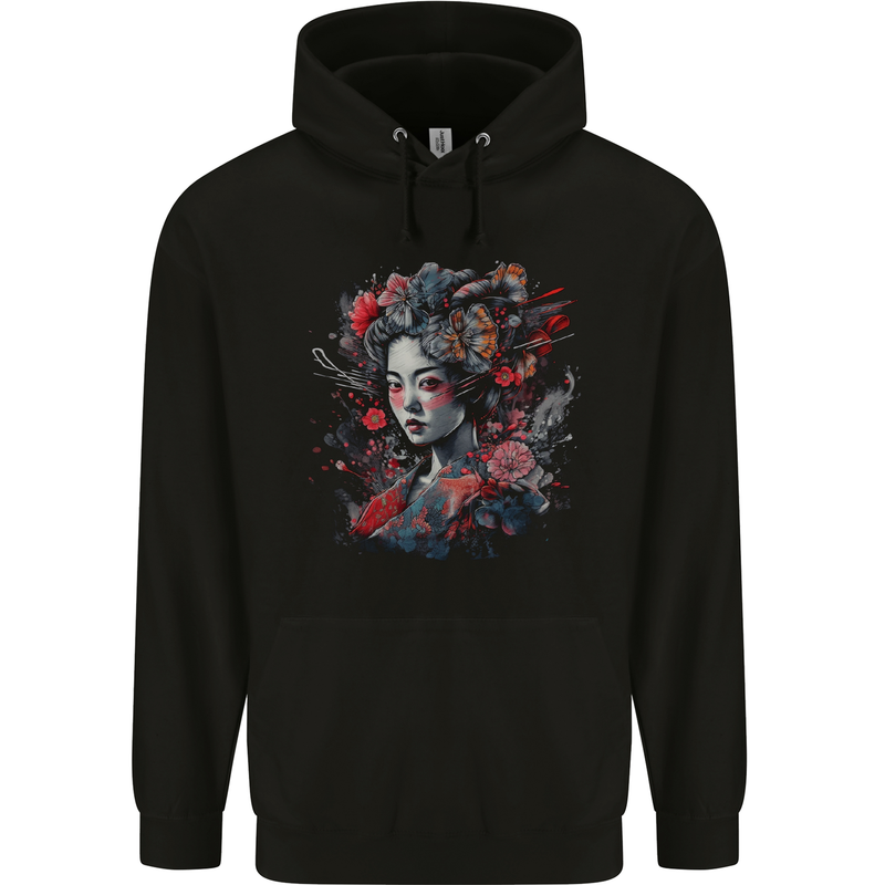 Geisha Girl With Flowers & Butterflies Fantasy Mens 80% Cotton Hoodie Black