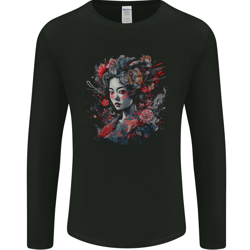 Geisha Girl With Flowers & Butterflies Fantasy Mens Long Sleeve T-Shirt Black