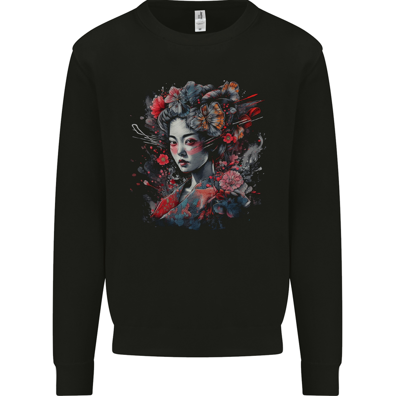 Geisha Girl With Flowers & Butterflies Fantasy Mens Sweatshirt Jumper Black