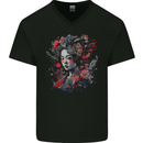 Geisha Girl With Flowers & Butterflies Fantasy Mens V-Neck Cotton T-Shirt Black