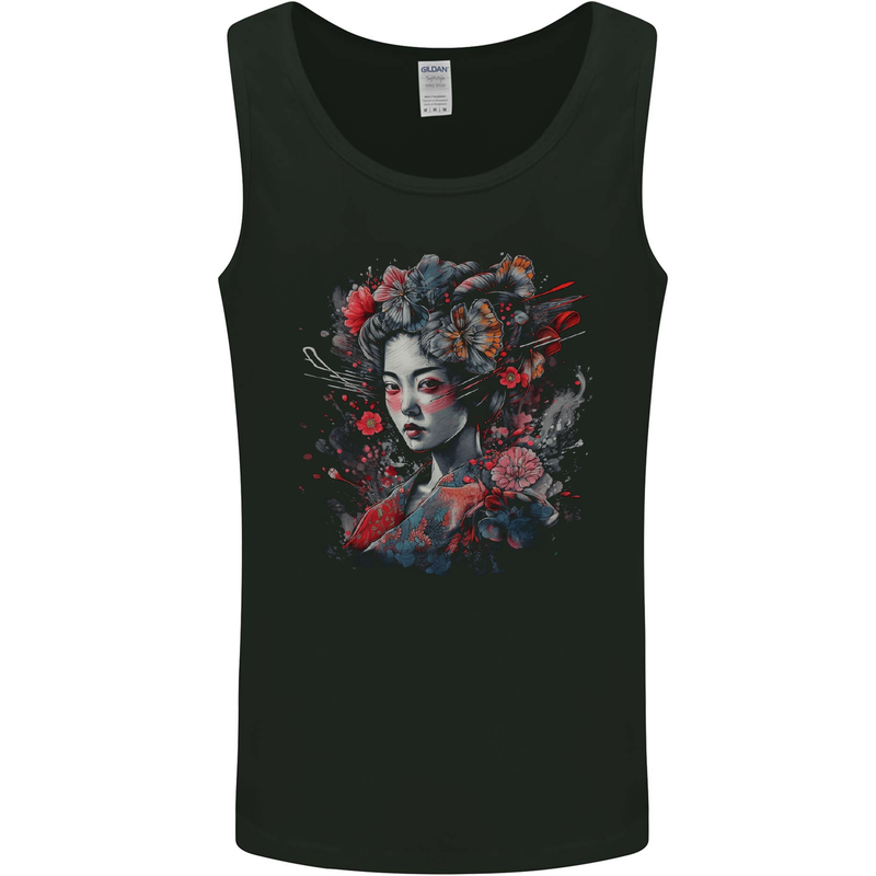 Geisha Girl With Flowers & Butterflies Fantasy Mens Vest Tank Top Black
