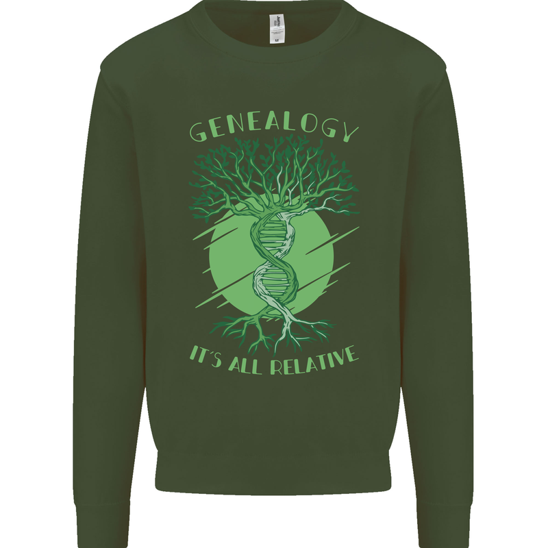 Genealogy Its All Relative Funny DNA Ancestry Kids Sweatshirt Jumper Forest Green