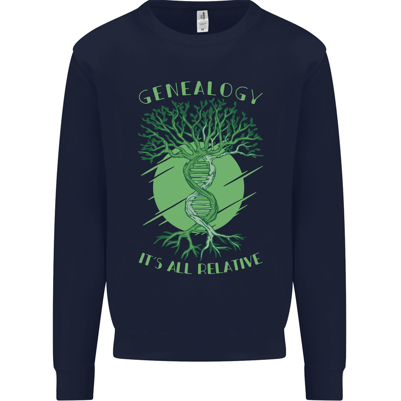 Genealogy Its All Relative Funny DNA Ancestry Kids Sweatshirt Jumper Navy Blue