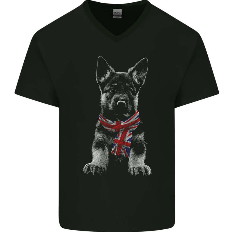 German Shepherd Union Jack Scarf Alsatian Mens V-Neck Cotton T-Shirt Black