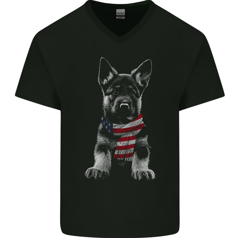 German Shepherd in USA Scarf Alsatian Dog Mens V-Neck Cotton T-Shirt Black