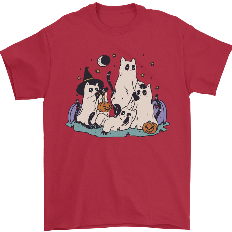 Ghost Cats Cute Halloween Mens T-Shirt 100% Cotton Red