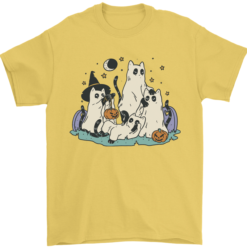 Ghost Cats Cute Halloween Mens T-Shirt 100% Cotton Yellow