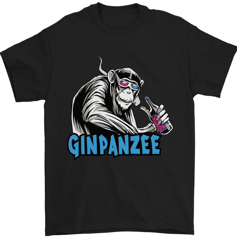 a black t - shirt with a monkey holding a glass
