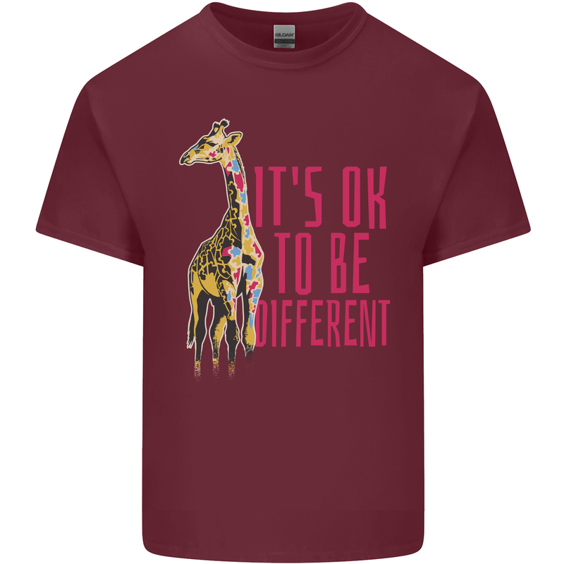 Giraffe Autism Its Okay to Be Different Mens Cotton T-Shirt Tee Top Maroon