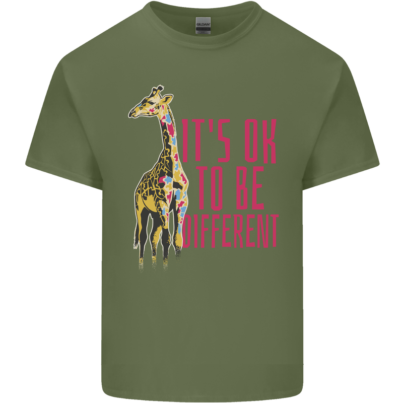 Giraffe Autism Its Okay to Be Different Mens Cotton T-Shirt Tee Top Military Green