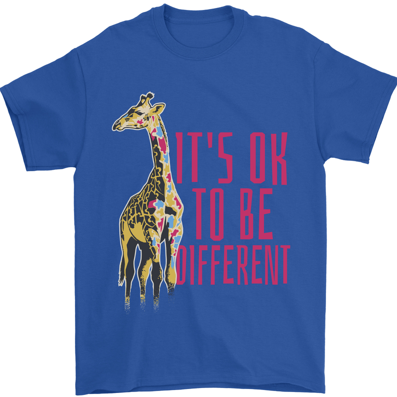 Giraffe Autism Its Okay to Be Different Mens T-Shirt 100% Cotton Royal Blue