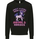 Girl Who Loves Anime & Horses Riding Kids Sweatshirt Jumper Black
