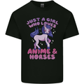 Girl Who Loves Anime & Horses Riding Kids T-Shirt Childrens Black