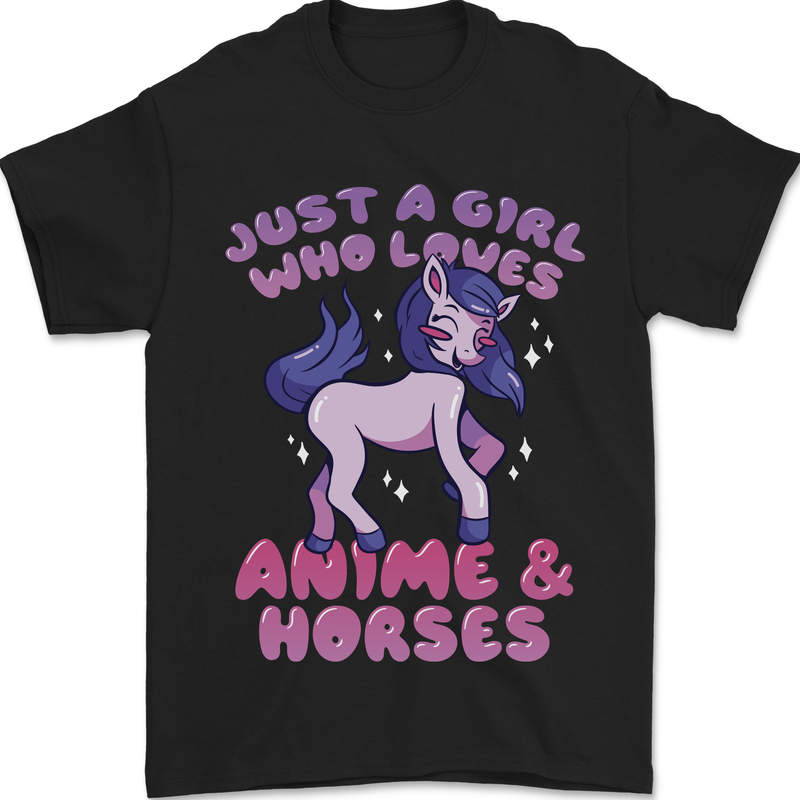 Girl Who Loves Anime & Horses Riding Mens T-Shirt 100% Cotton Black