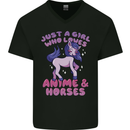 Girl Who Loves Anime & Horses Riding Mens V-Neck Cotton T-Shirt Black