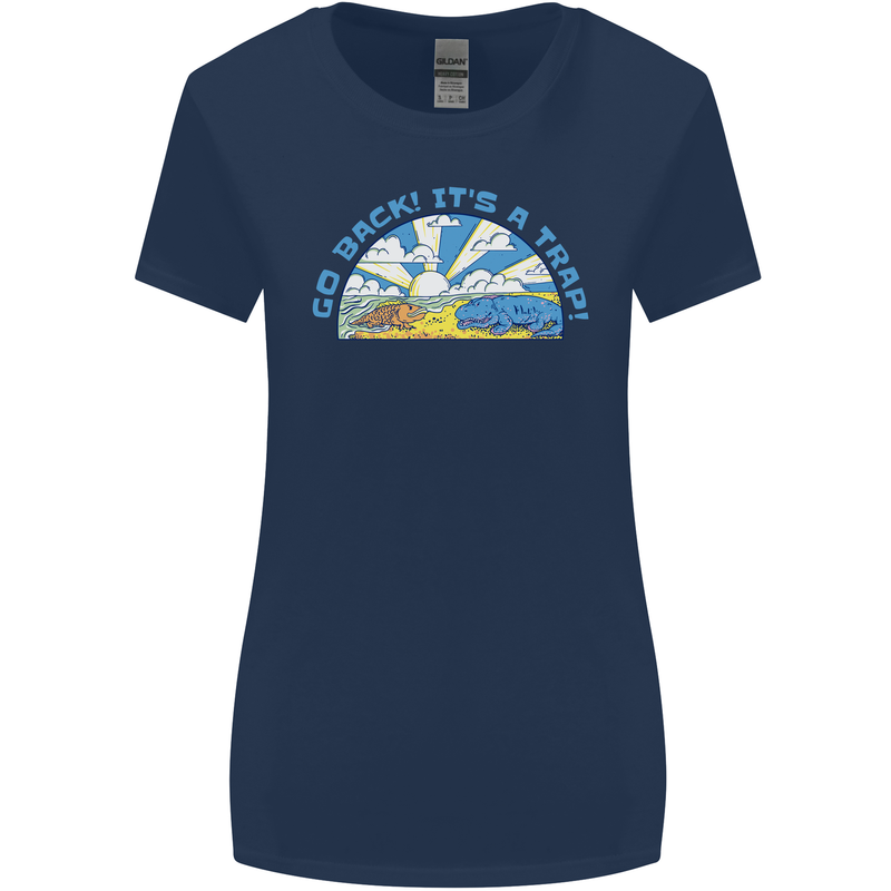 Go Back Its a Trap Funny Evolution Dinosaurs Womens Wider Cut T-Shirt Navy Blue
