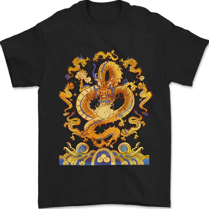 Gold and Blue Dragon Mens T-Shirt 100% Cotton Black
