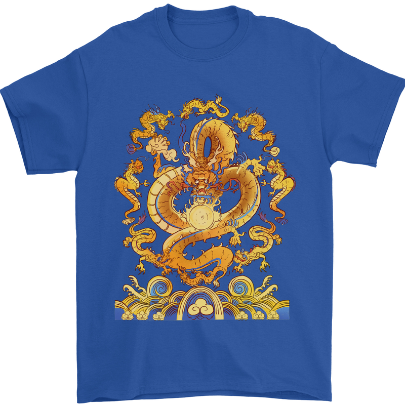 Gold and Blue Dragon Mens T-Shirt 100% Cotton Royal Blue