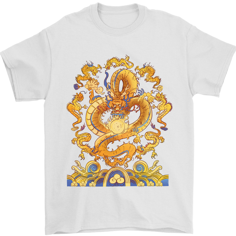 Gold and Blue Dragon Mens T-Shirt 100% Cotton White