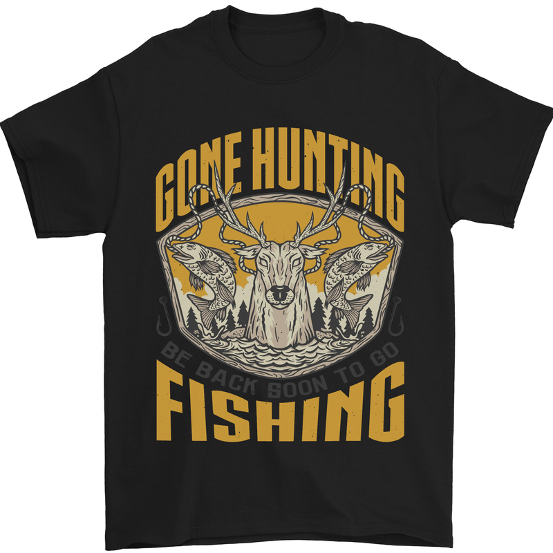 a black t - shirt with the words gone hunting fishing