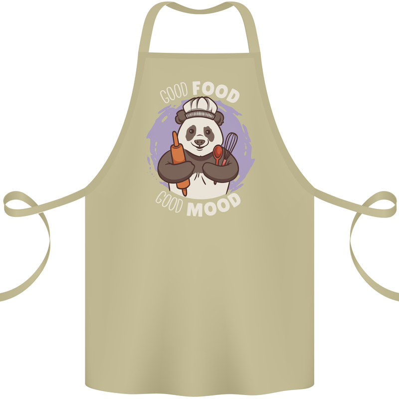Good Food Good Mood Funny Panda Chef BBQ Cotton Apron 100% Organic Khaki
