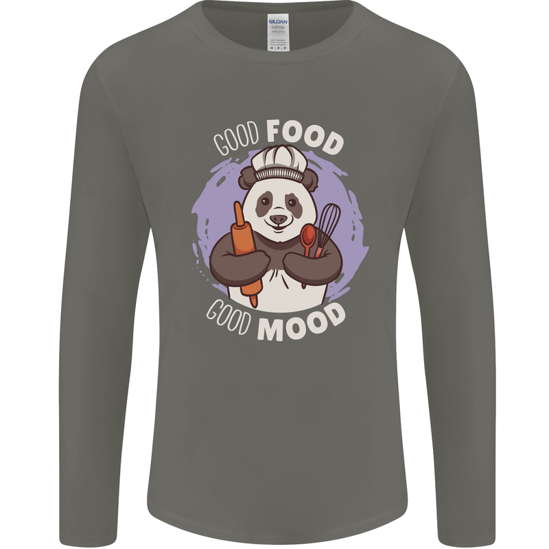 Good Food Good Mood Funny Panda Chef BBQ Mens Long Sleeve T-Shirt Charcoal