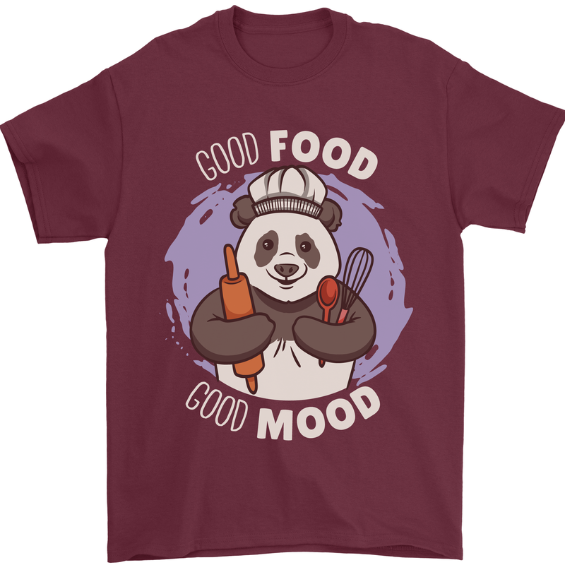 Good Food Good Mood Funny Panda Chef BBQ Mens T-Shirt 100% Cotton Maroon