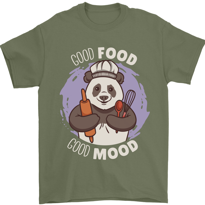 Good Food Good Mood Funny Panda Chef BBQ Mens T-Shirt 100% Cotton Military Green