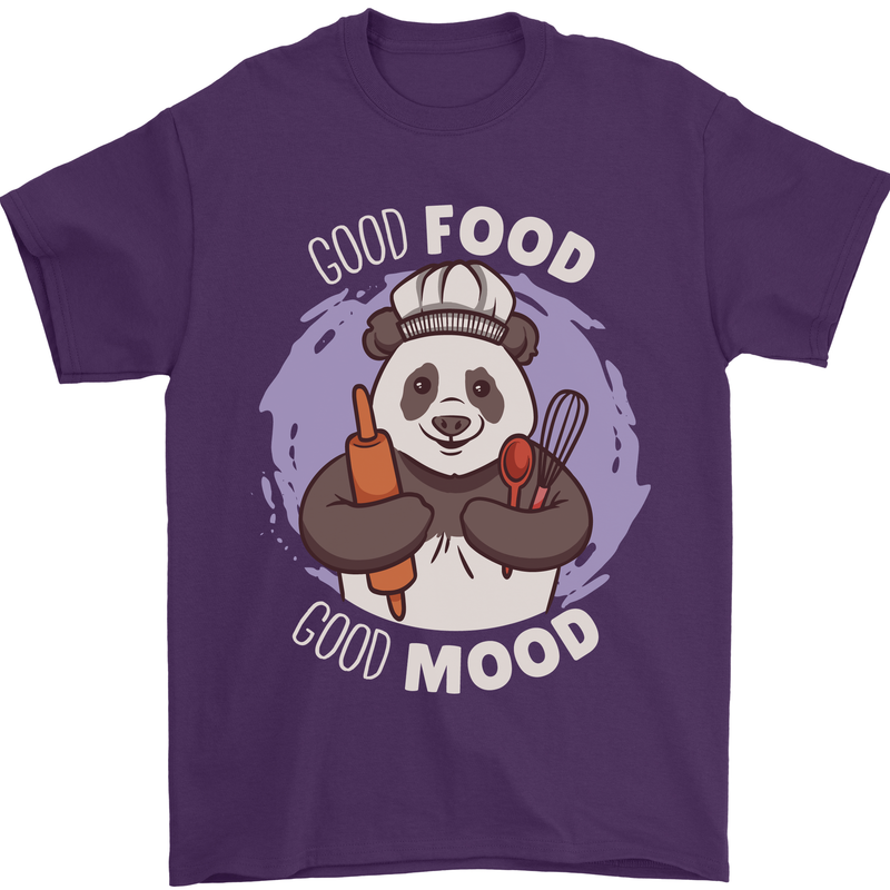 Good Food Good Mood Funny Panda Chef BBQ Mens T-Shirt 100% Cotton Purple