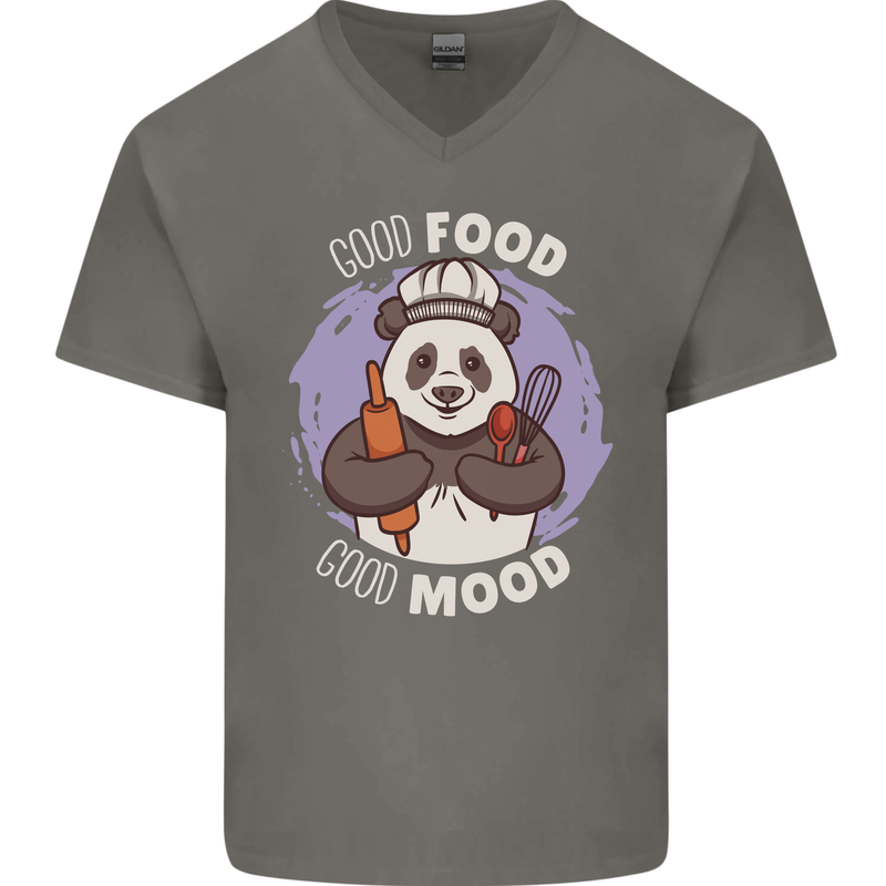 Good Food Good Mood Funny Panda Chef BBQ Mens V-Neck Cotton T-Shirt Charcoal