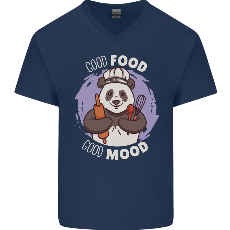 Good Food Good Mood Funny Panda Chef BBQ Mens V-Neck Cotton T-Shirt Navy Blue