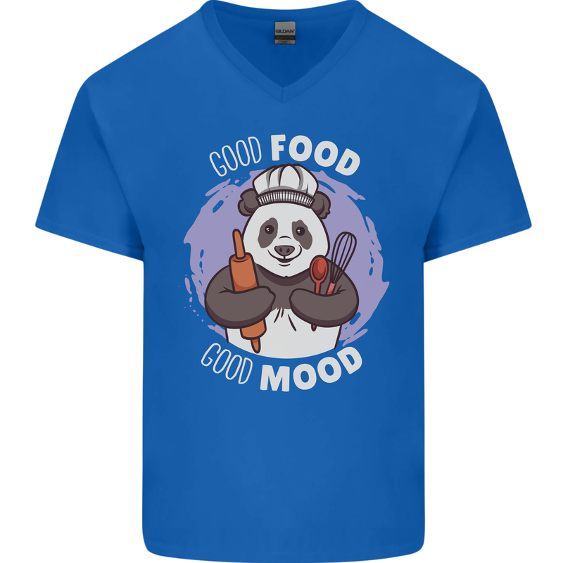 Good Food Good Mood Funny Panda Chef BBQ Mens V-Neck Cotton T-Shirt Royal Blue
