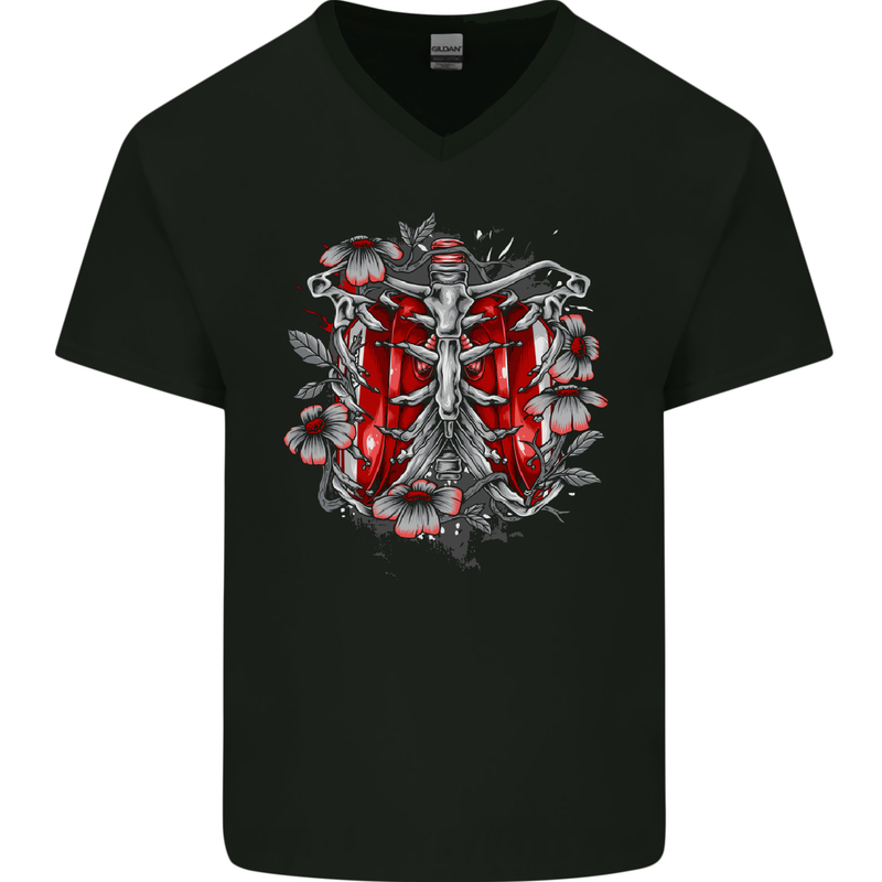 Gothic Rib Cage Skeleton Skull Goth Fantasy Mens V-Neck Cotton T-Shirt Black