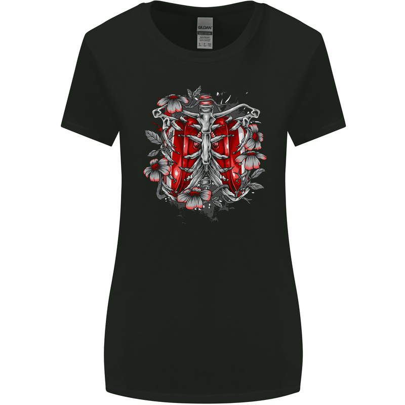 Gothic Rib Cage Skeleton Skull Goth Fantasy Womens Wider Cut T-Shirt Black