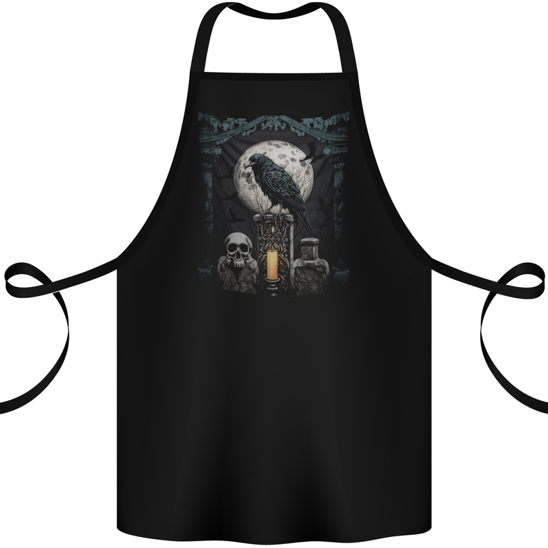 Gothic Skull and Crow With Arch and Moon Cotton Apron 100% Organic Black