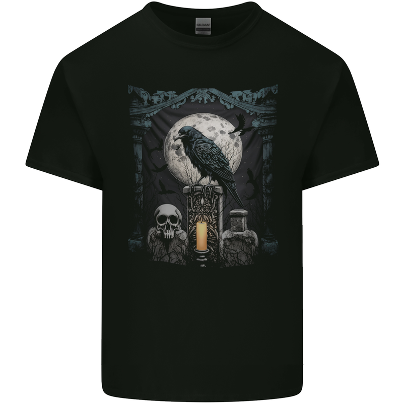 Gothic Skull and Crow With Arch and Moon Kids T-Shirt Childrens Black