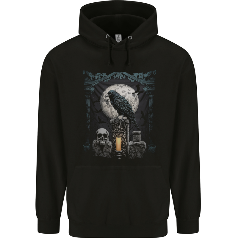 Gothic Skull and Crow With Arch and Moon Mens 80% Cotton Hoodie Black