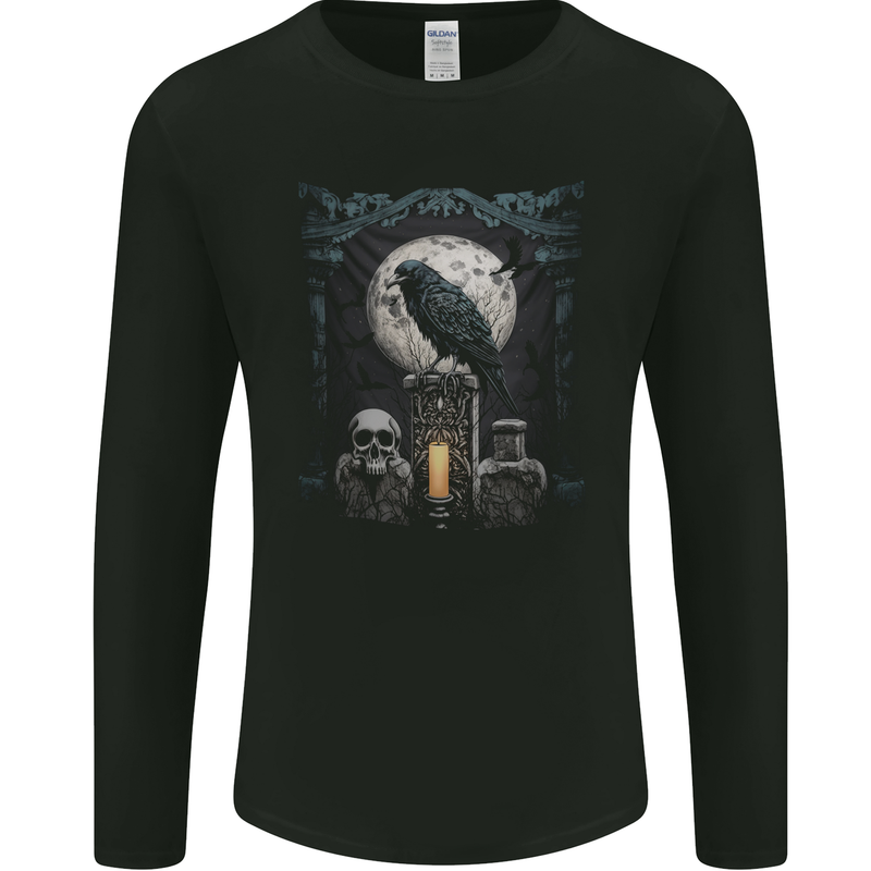Gothic Skull and Crow With Arch and Moon Mens Long Sleeve T-Shirt Black