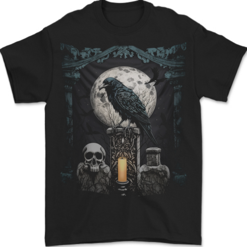 Gothic Skull and Crow With Arch and Moon Mens T-Shirt 100% Cotton BLACK