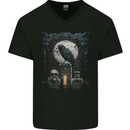 Gothic Skull and Crow With Arch and Moon Mens V-Neck Cotton T-Shirt Black