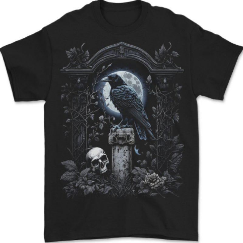 Gothic Skull and Crow With and Arch Mens T-Shirt 100% Cotton BLACK