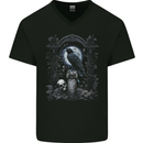 Gothic Skull and Crow With and Arch Mens V-Neck Cotton T-Shirt Black
