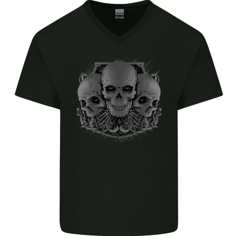 Gothic Skulls Heavy Metal Rock Music Goth Biker Mens V-Neck Cotton T-Shirt Black